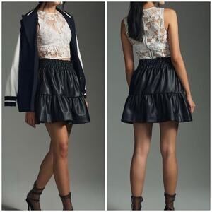 Anthropologie Sz XL The Somerset Mini Skirt Ruffled Tiered Black Faux Leather